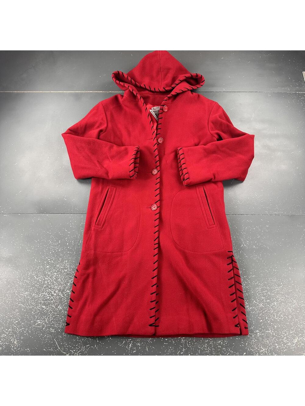 Marvin Richards Coat Womens Small Red Black Whipstitch Wool Long Pea Hooded EUC